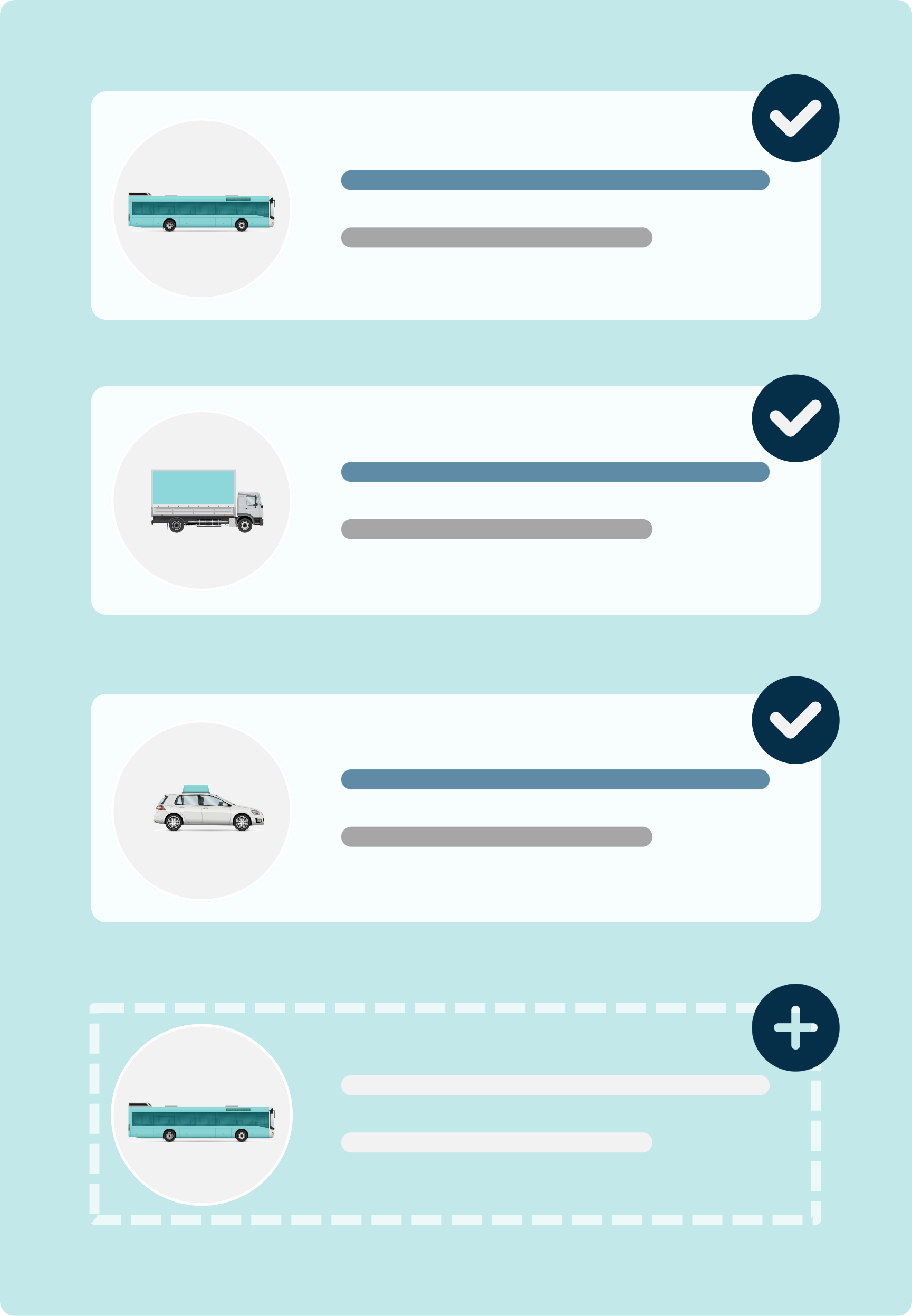 A list of vehicles that have checkmarks next to them after being onboarded to the platform